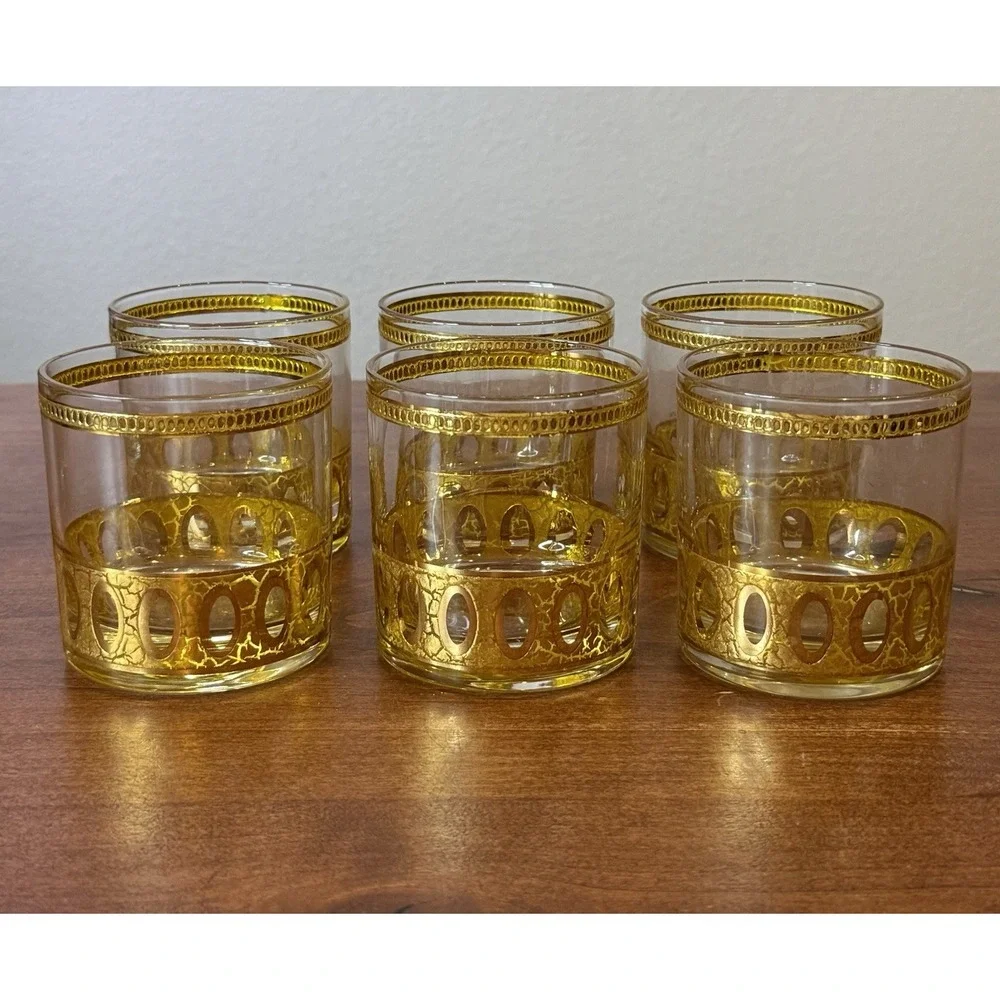 Culver Antigua Lowball Rocks Glasses Gold Crackle Gold Vintage Set 6 Perfect!